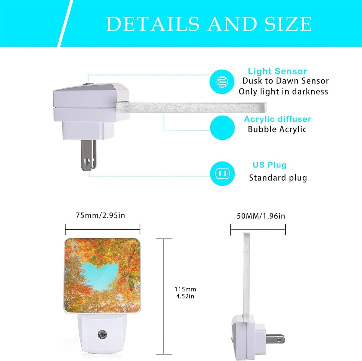 Blue Heart Sky Night Light,Autumn Red Maple Leaves Forest Trees Plug-in Night Lights with Dusk-to-Dawn Sensor for Stairway/Hallway/Bedroom Sleep Friendly Ideal for Women/Girls/Boys Gift,0.5W
