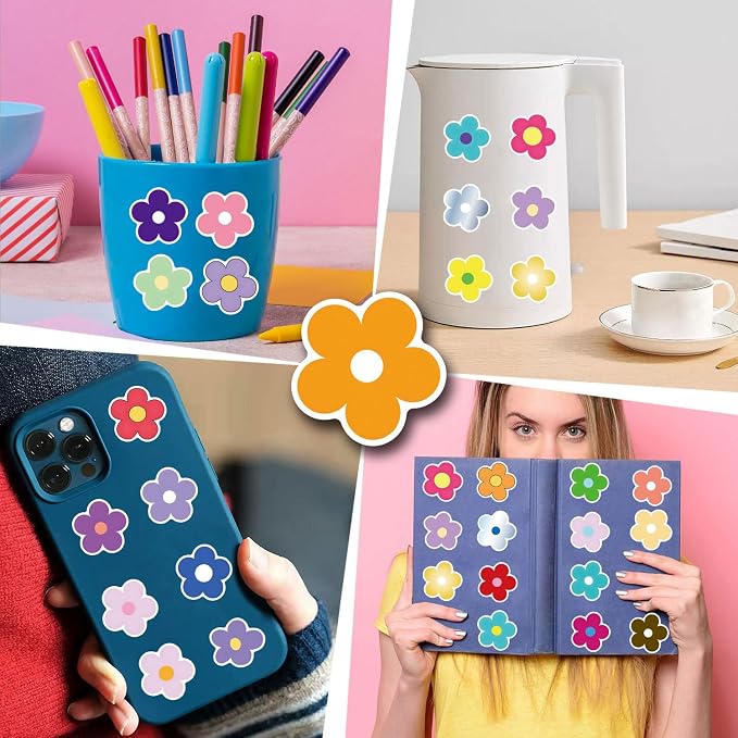 62PCS Colorful Flower Stickers, Waterproof PVC Vinyl Cute Floral Decals
