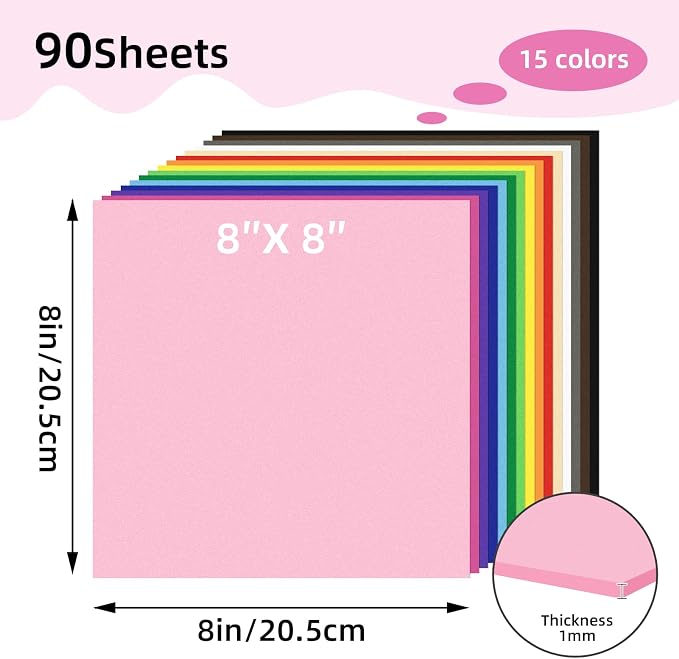 Foam Sheets 90 Pack, 8 x 8 Inch, 15 Assorted Colors, 1mm Thick EVA Foam Paper