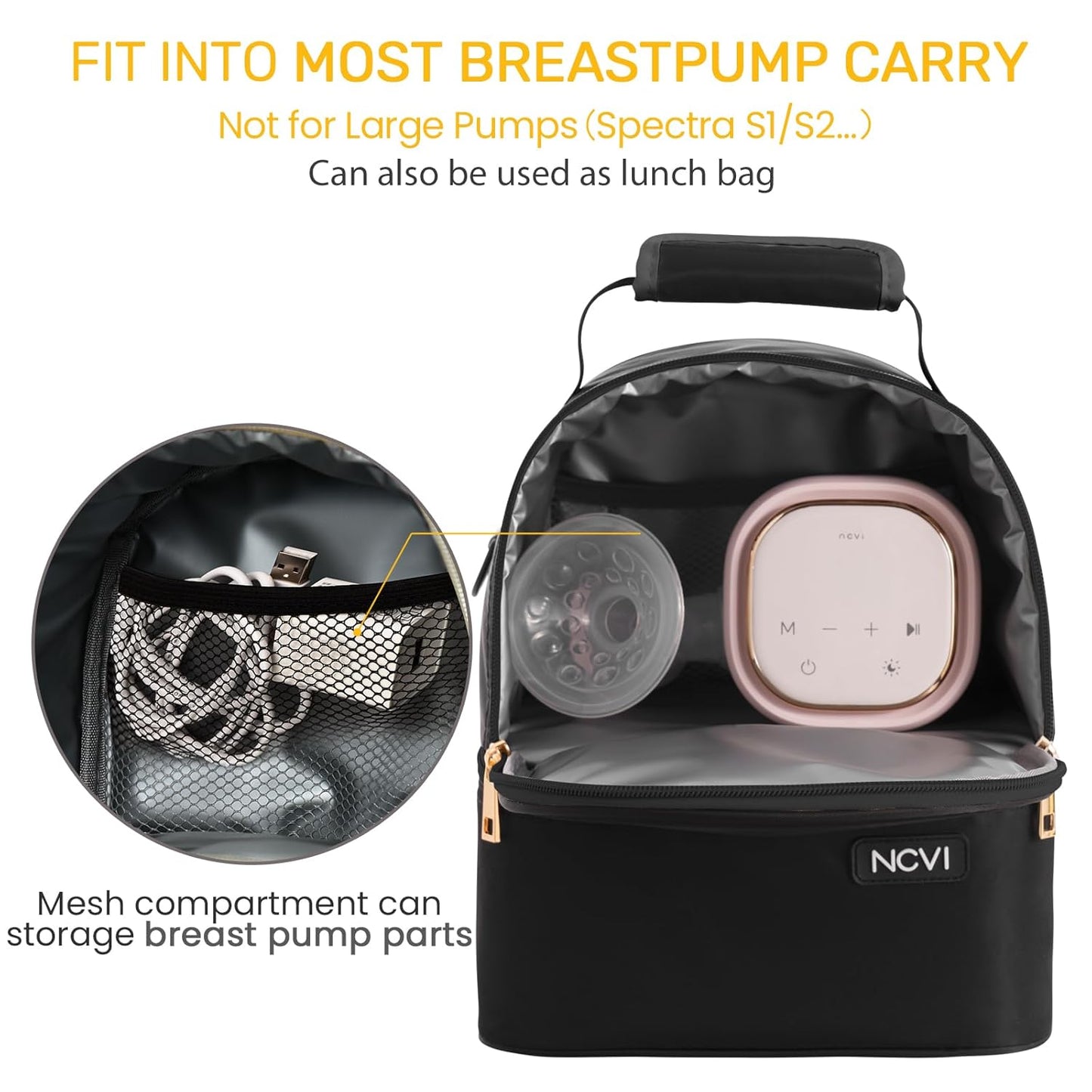 NCVI Breastmilk Cooler Bag with 2 Ice Pack, Breast Pump Bag with Cooler Fits 6 Bottles, Double Layer Breast Milk Baby Bottle Cooler Bag, for Travel, Nursing Mom Daycare, Work, Picnic (Black)