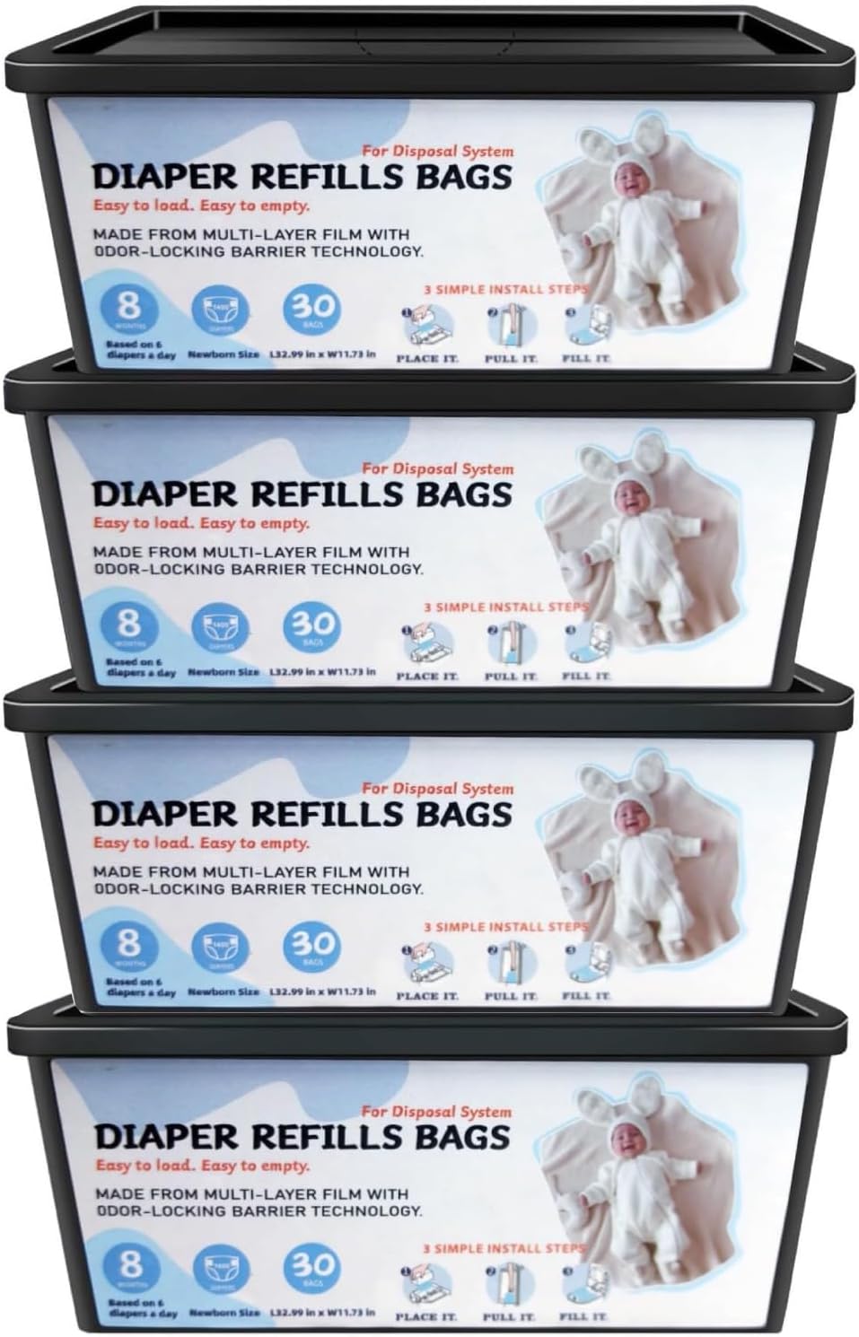 Diaper Pail Refills Bags with 30 Bags, Compatible with Genie Easy Roll Signature Diaper Pail and Platinum Diaper Pail, 7-Layer Odor-Barrier Technology, 4 Pack (120 Bag)