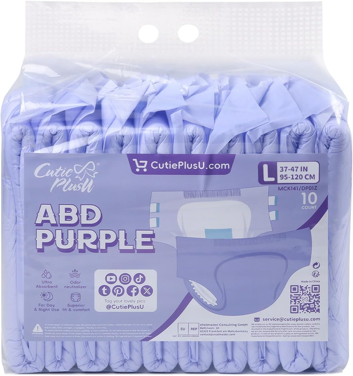 CutiePlusU Disposable Adult Diaper Heavy Absorption Dry Surface Adult Diapers All Night- Purple 10 Pieces (Large 37"-47")