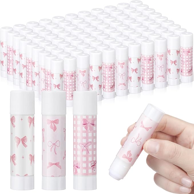 Sabary 100 Pcs Pink Bow White Glue Stick Bulk Washable Glue Sticks 0.32 oz