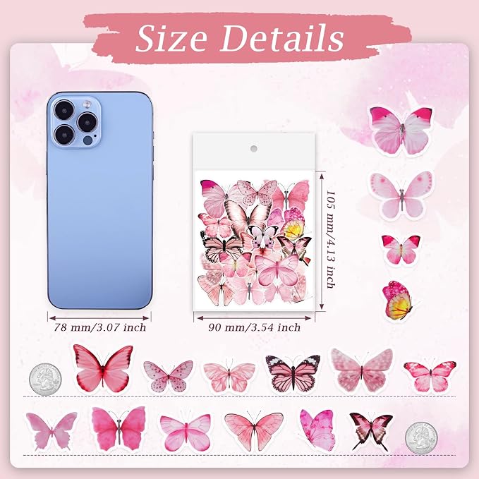 Imeepa 40Pcs Pink Butterfly Stickers Transparent Scrapbooking Stickers | PET