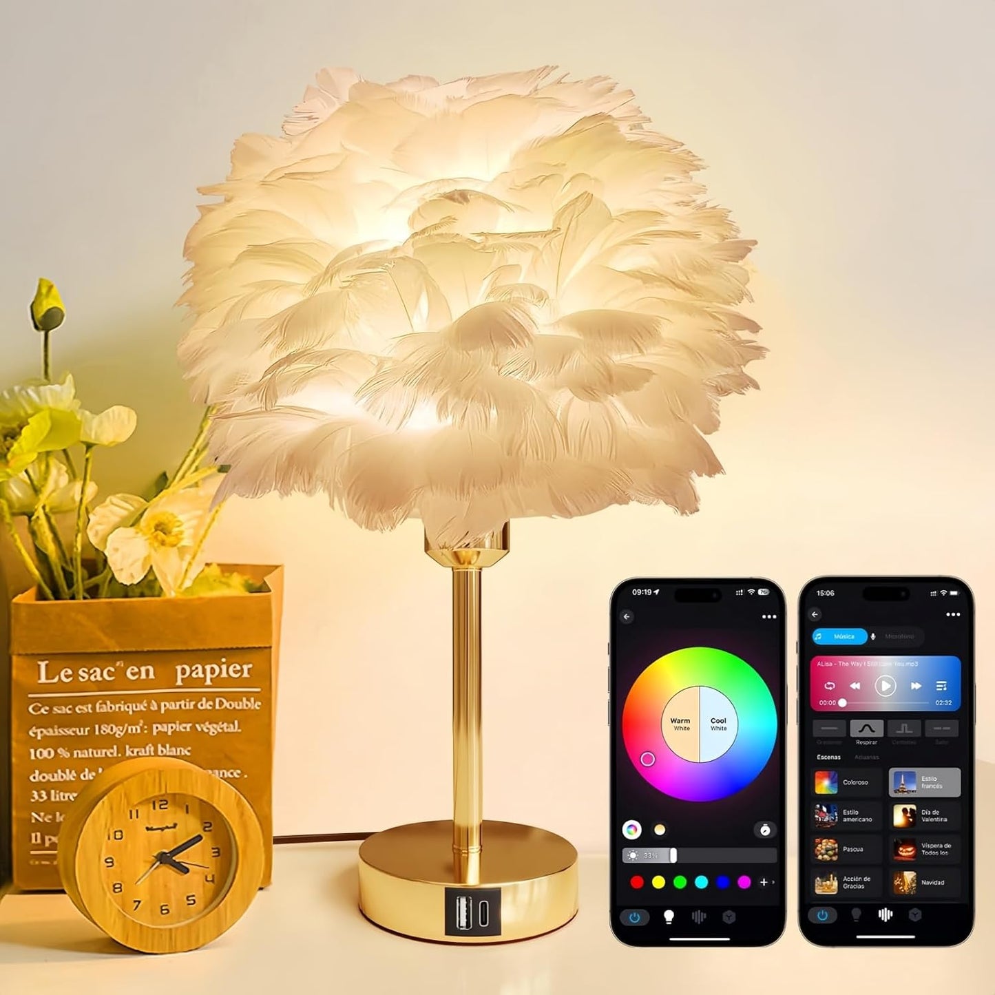 Smart Touch Control Bedside Table Feather Lamp Night Light with USB Charging for Girl, Baby, Alexa Voice Compatible, 9W 800LM Dimmable RGB Color Changing Lamp for Bedroom Nursery Desk Decor