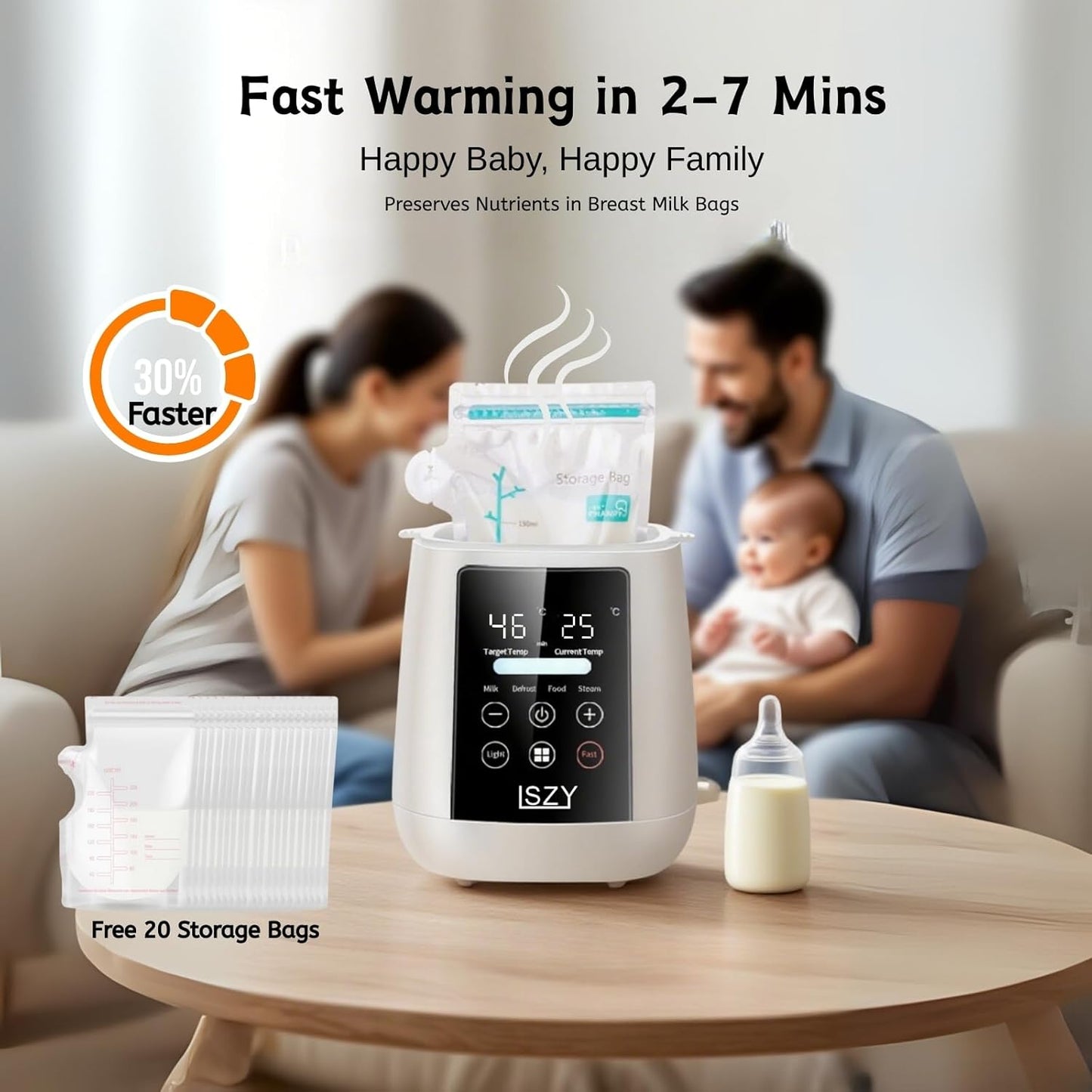 Bottle Warmer, LSZY 12-in-1 Fast Baby Bottle Warmer for Breastmilk/Formula w/20 Bags, Night Light, Milk Warmer with Accurate Temp Control 48H Keep,Thaw, Food Heating Sterili-zing (Black Screen)