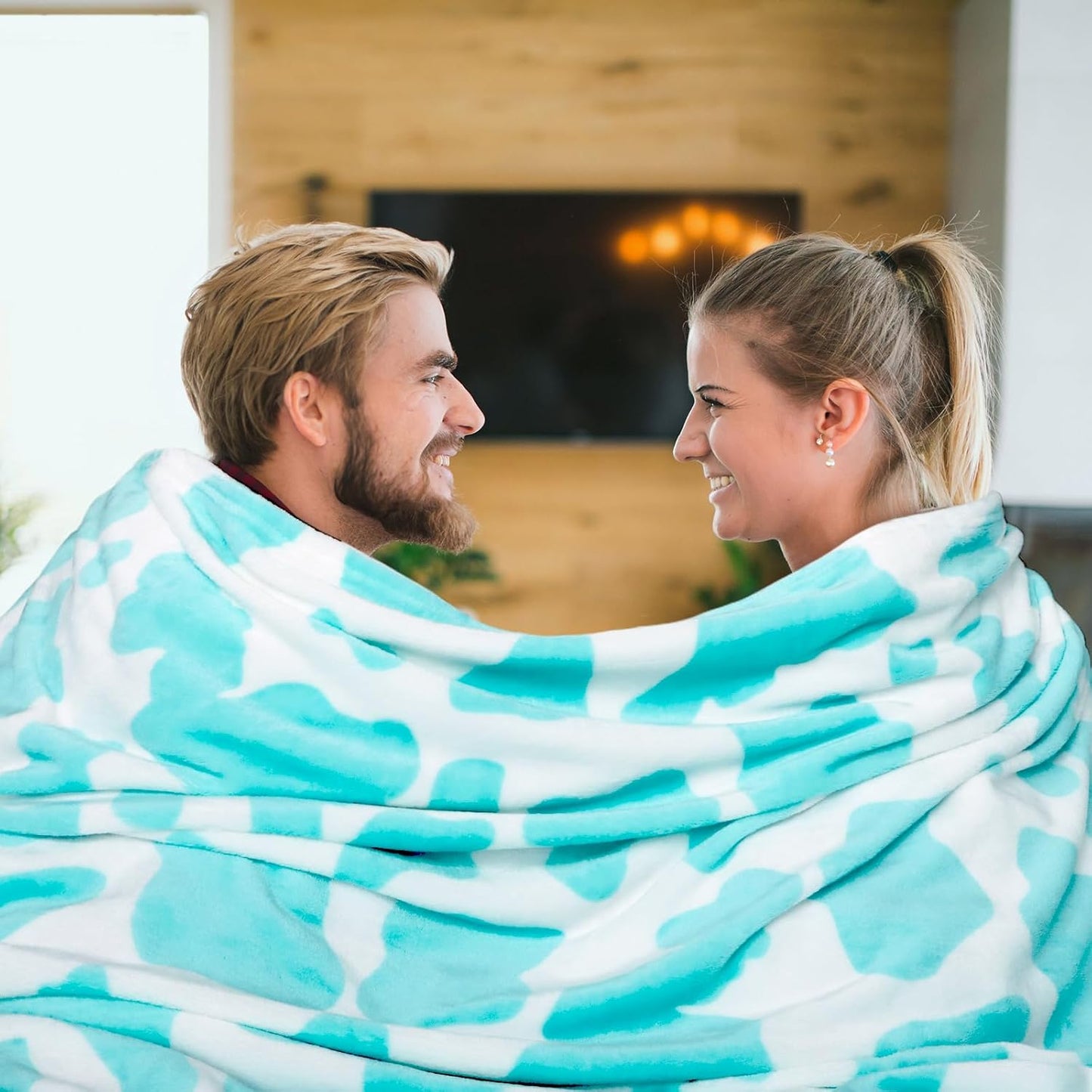 Blue Cow Print Twin Blanket - Lightweight Fuzzy Soft Throw for Bed, Sofa, Dorm, Couch - Cozy Cyan Gifts for Teens Girls Bedroom Decor