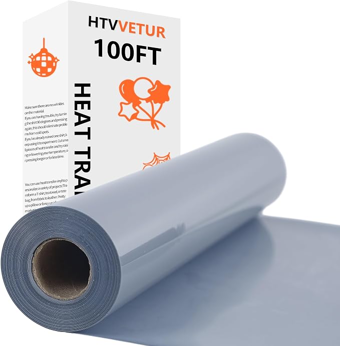 HTVVETUR Gray Iron on Vinyl Roll 12" x 100ft, HTV Heat Transfer Vinyl, Easy Cut