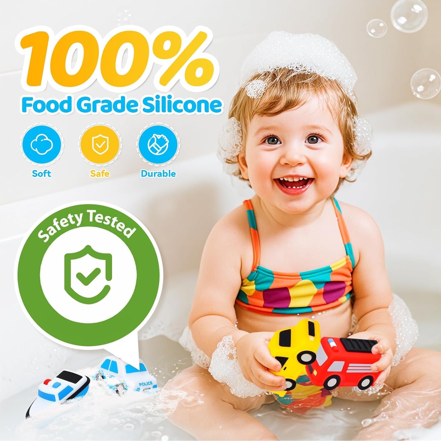 Silicone Cars Bath Toys for Toddlers, Christmas Birthday Gifts Age 1+, 6 Pack No Hole Bath Toys Design Keeps Moisture Out, Vehicles Play Set for Little Boys Girls Kids Christmas Stocking Stuffers