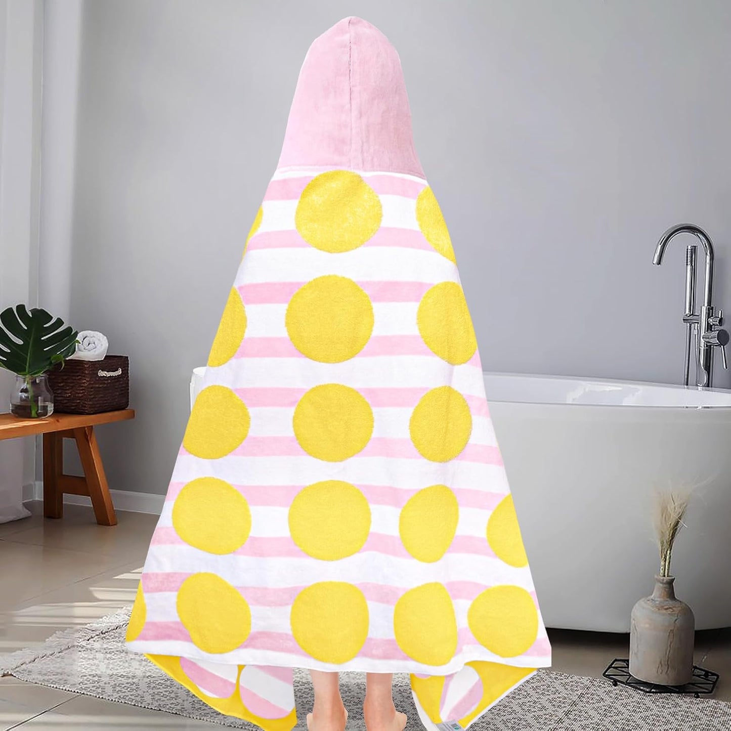 VOOVA & MOVAS Kids Bath Towel with Hood(3-10Years), Quick Dry Absorbent Lightweight Towel Wrap for Pool | Swim | Bath | Beach, Pink Strip Dot