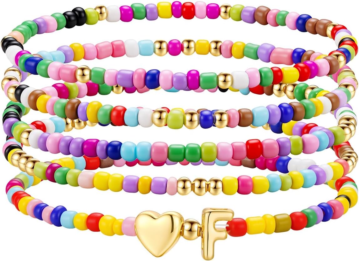 M MOOHAM Stocking Stuffers for Kids Girls Teen - 5PCS Colorful Beaded Initial Bracelets for Women Girls, Cute Stretch Heart Letter Bohemian Stackable Bracelet Birthday Gifts Jewelry for Kids Teen Girl
