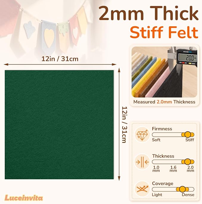 2mm Stiff Felt Sheets 12" X 12" | Thick Polyester Felt Material, DIY Craft