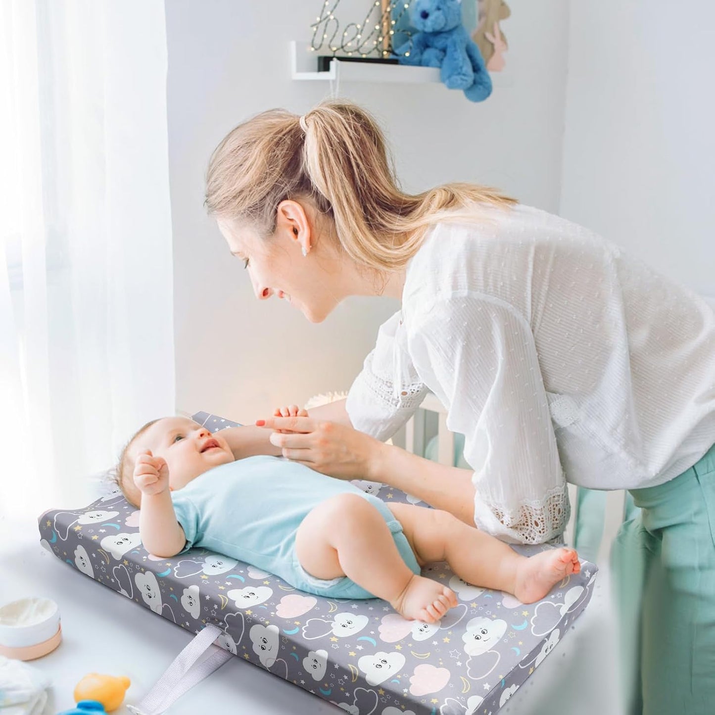 Changing Table Pad Cover Elastic Changing Pad Cover Premium Baby Changing Pad Cover 2 Pack for Boys Girls Soft and Comfortable (Dinosaur Eggs and Cloud Babies)