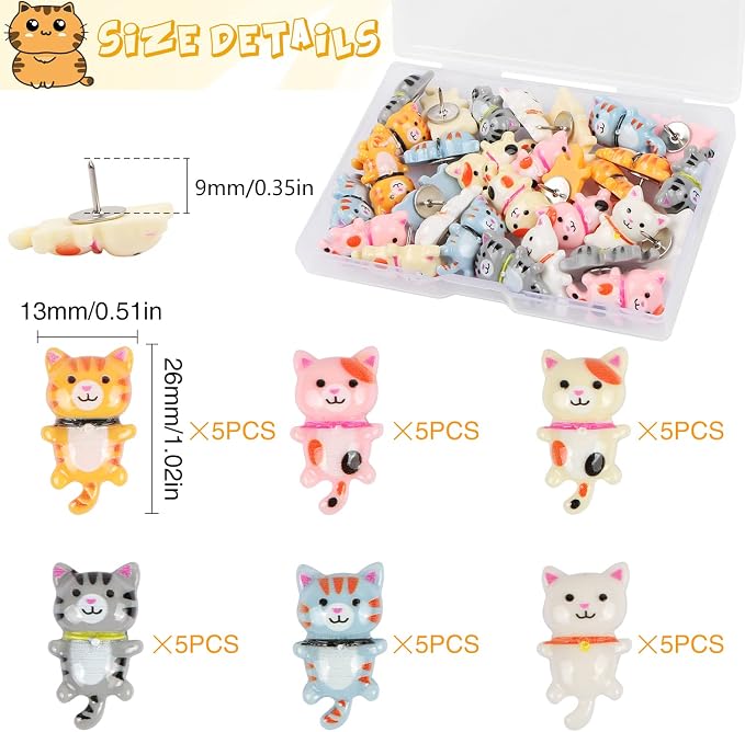 30 Pcs Cute Cat Push Pins, Resin Cat Push Pins Decorative Animal Thumb Tacks