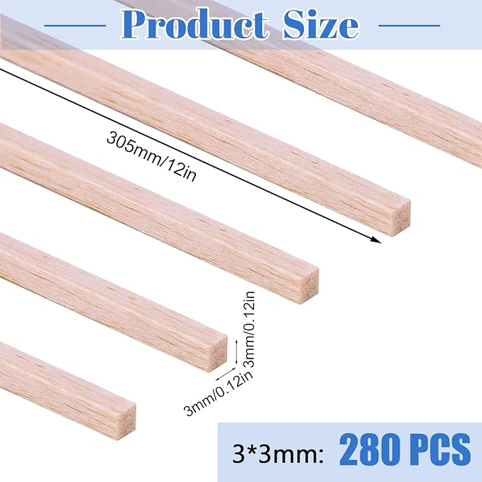 280Pcs Balsa Wood Sticks 1/8 x 1/8 x 12 inch Wood Strip Square Wooden Dowel |