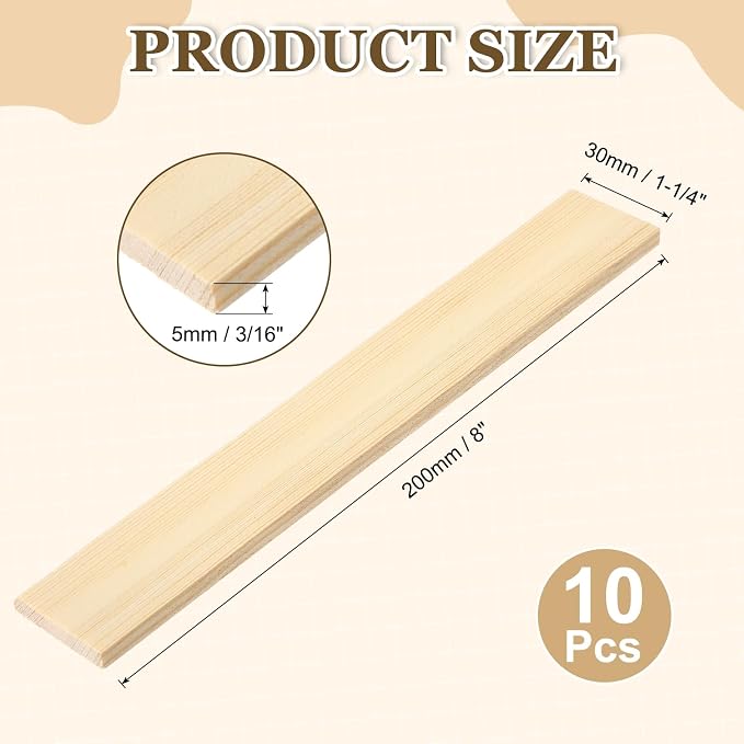 MECCANIXITY 10Pcs Wood Strips Slats, 3/16" x 1‑1/4" x 8" Thin Wood Sticks Flat