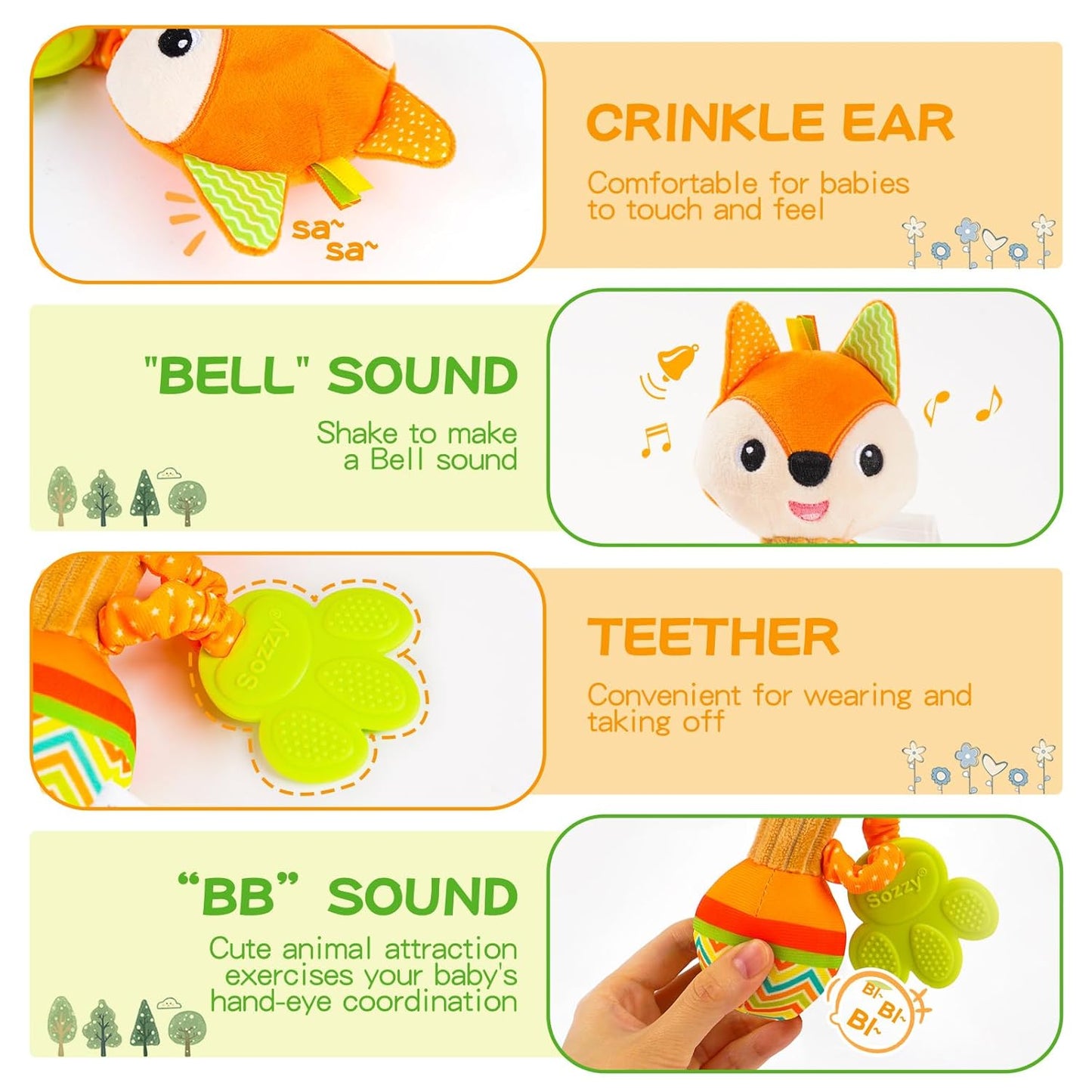 Baby rattles 0-6 months, Set of 2 rattles for babies 0-6 months, Soft Stuffed Animal Rattle Hand Grip Baby Toys, baby rattle Shaker Crinkle Squeaky Sensory Travel Accessories for 0 3 6 9 12 Months old