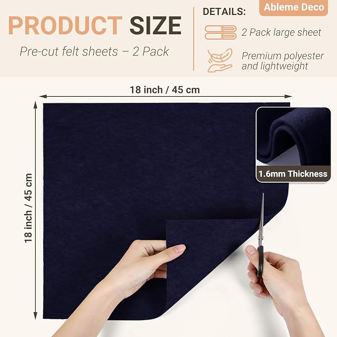 Navy Blue Felt Fabric Sheets 18" x 18" 1.6mm Soft Craft Felt | Soft Precut Felt