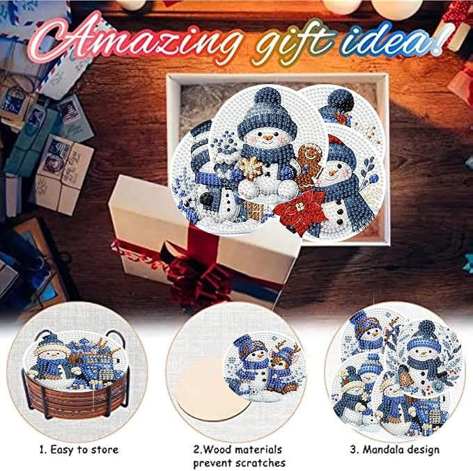 8 Pack Diamond Art Coasters, Christmas Snowman Diamond Painting Coasters |