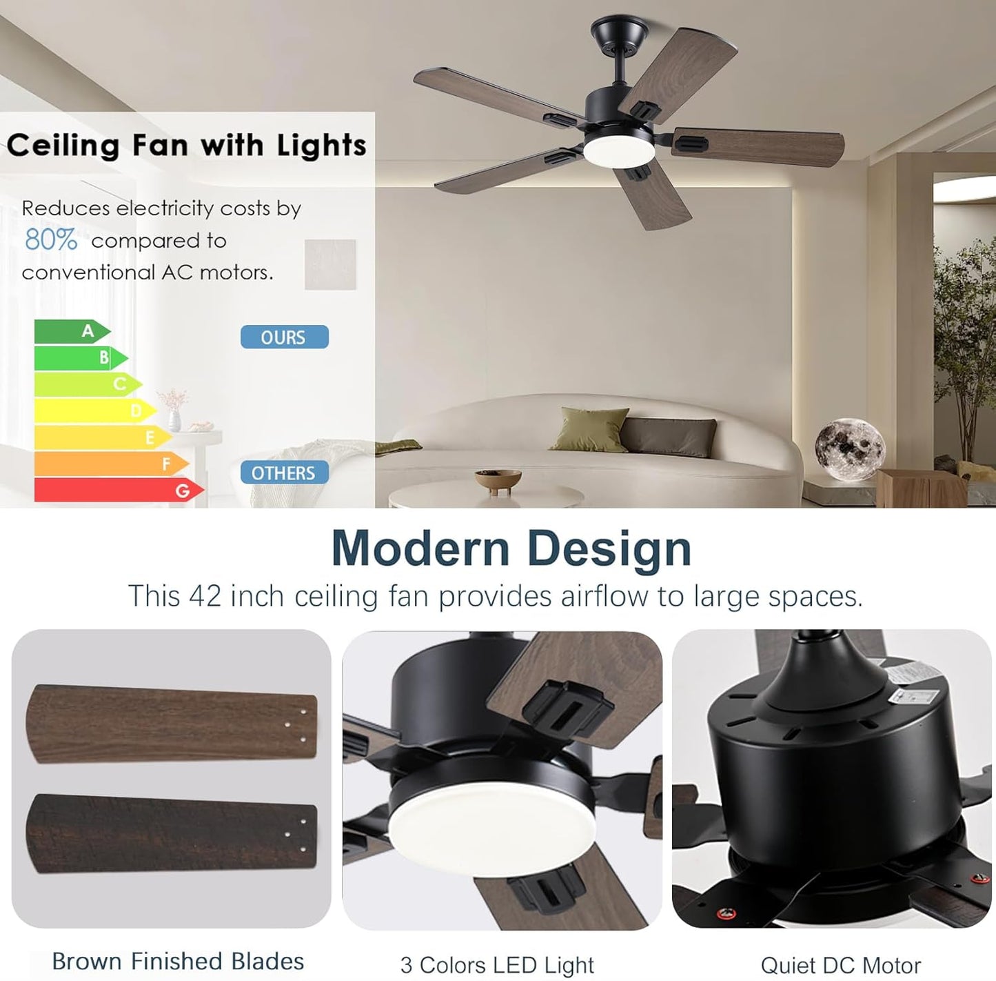 Ceiling Fans with Lights, 42 Inch Low Profile Ceiling Fan with App/Remote Control, DC Reversible Motor, Dimmable LED Ceiling Fans for Bedroom,Indoor/Outdoor Patio Use（Brown）