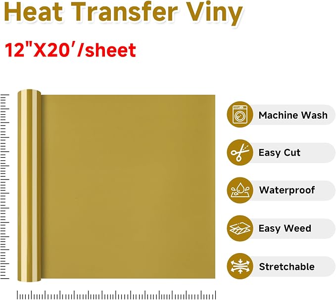 RENLITONG Dark Yellow Iron on Vinyl 12Inch by 20ft Roll Heat Transfer Vinyl