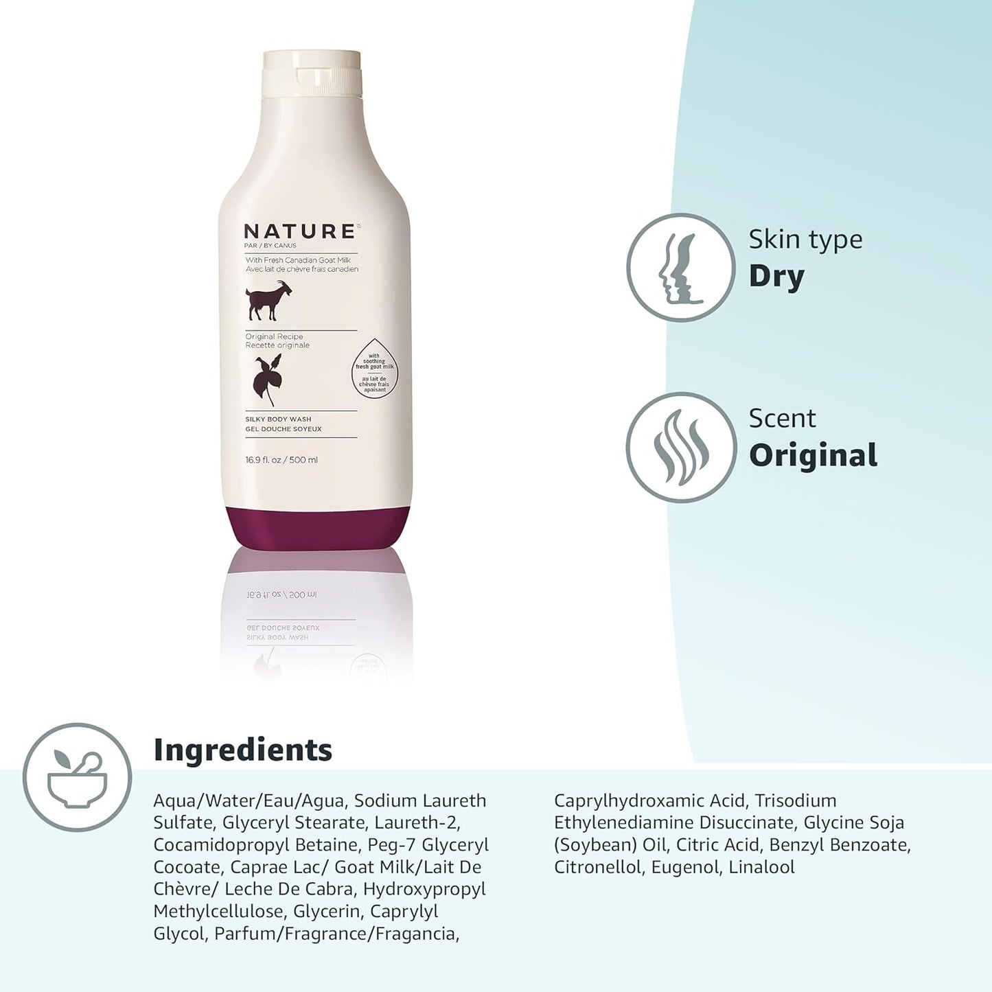 Nature by Canus, Natural Cleanser Moisturizing Body wash with Goat Milk, for Sensitive Skin,16.9 Fl Oz