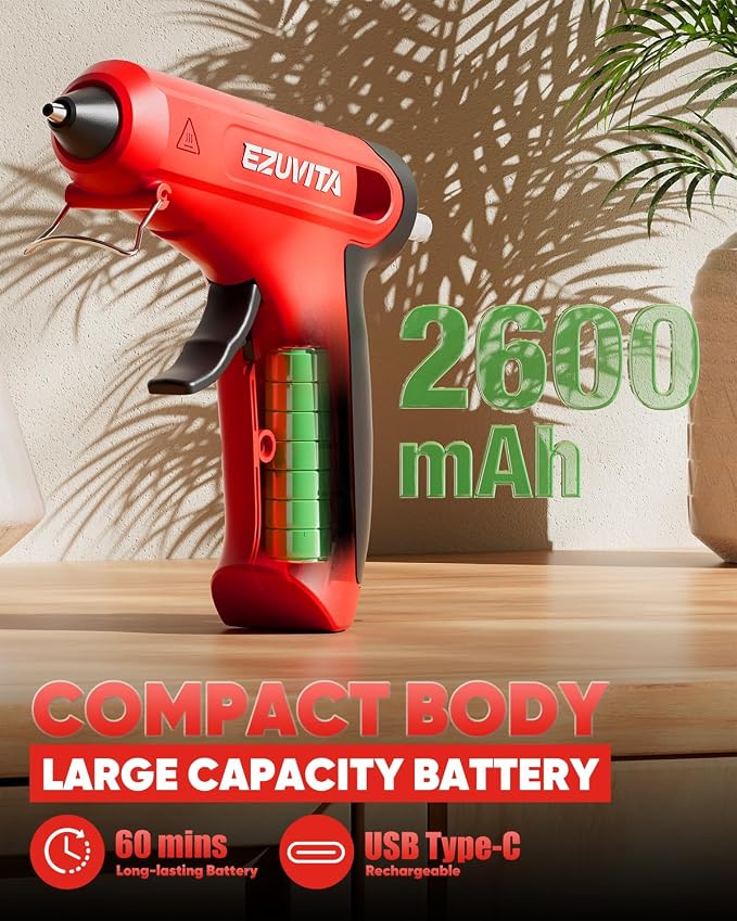 4V Red Cordless Hot Glue Gun Kit, 30-Piece Glue Sticks | 2600mAh Built-In