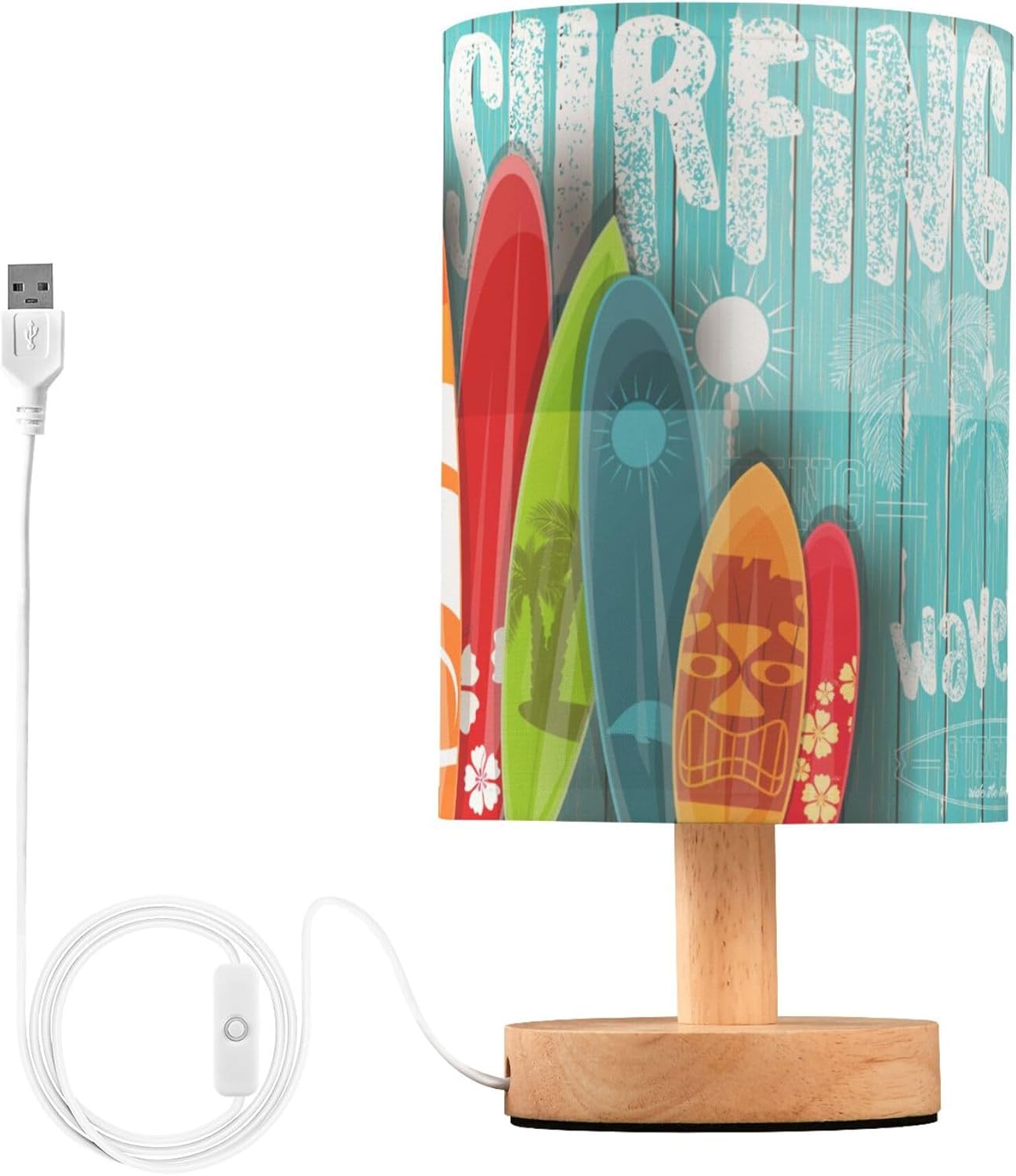Table Lamp Colorful Surfboard Palm Tree Graphic Blue Wooden Summer Ocean Nightstand Lamp with Wood Base Fabric Lamp Shade Bedside Desk Lamp for Living Room Bedroom Kids Room Office