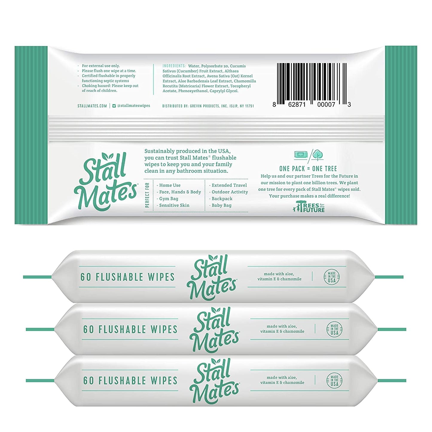 Stall Mates Wipes: Flushable Wipes | 60-Wipe Home Pack | Hypoallergenic | Unscented with Vitamin-E & Aloe | (4 Pack - 240 Total)