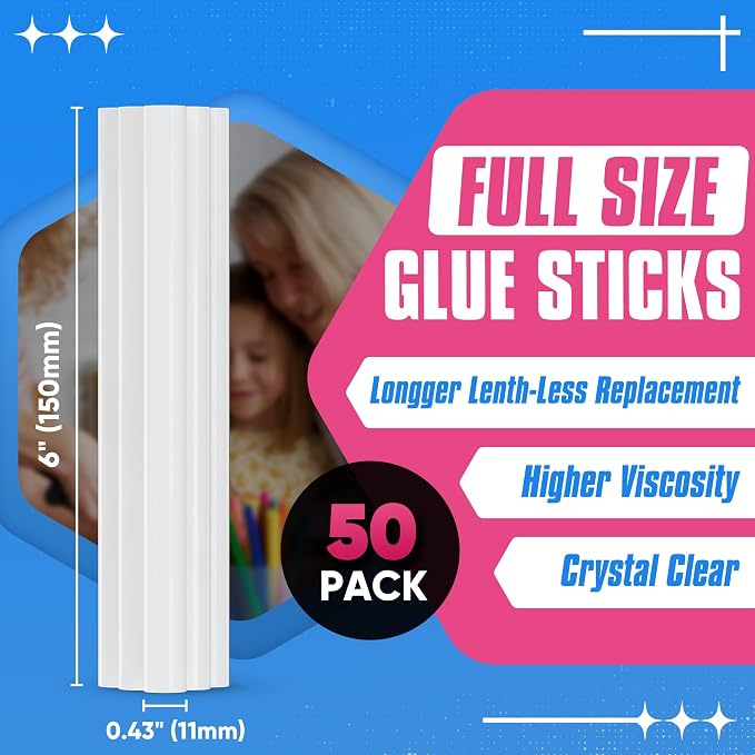 EZUVITA 50-Pack Full Size Hot Glue Sticks, 0.43” Dia x 6” Long | Clear