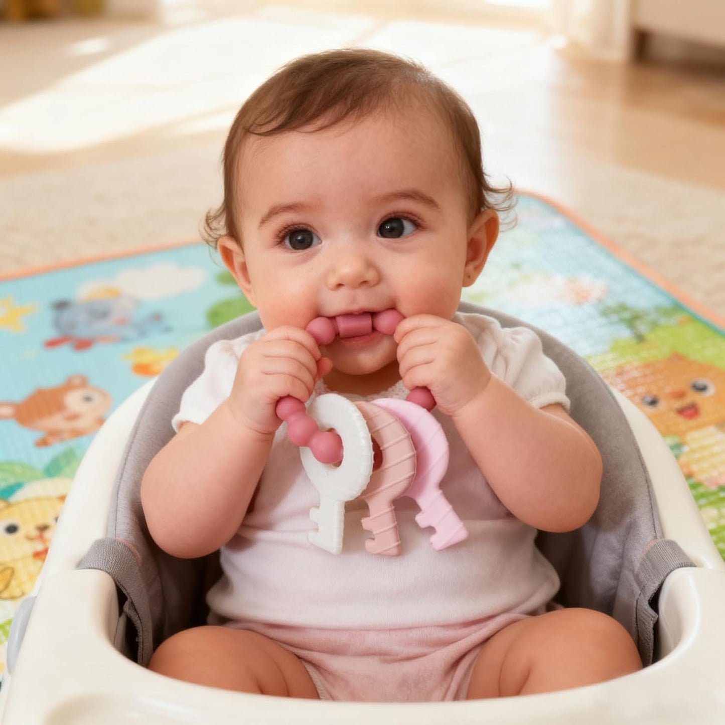 Baby Teething Keys Toys 3 to 12 Months,Infants Toddler Sensory Chew Toys,Teether Toys for Baby Girl-Soft & Raised Texture to Soothe Gums,BPA Free (Pink)