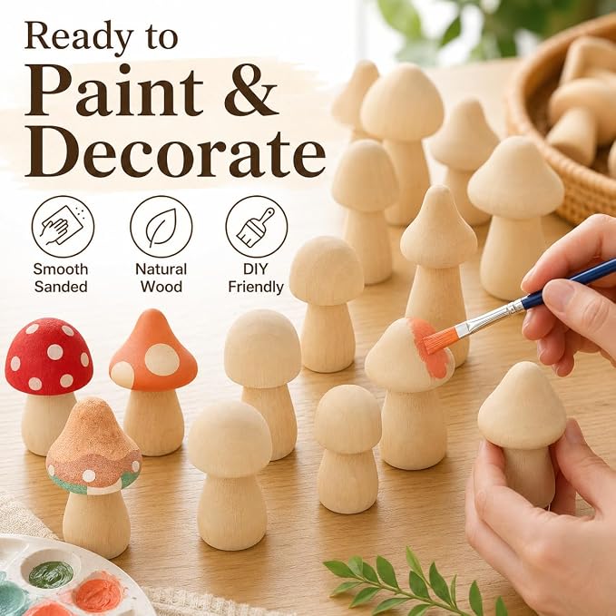 60Pcs Wooden Mushrooms, 6 Sizes of Natural Unfinished Wooden Mushroom, Wood