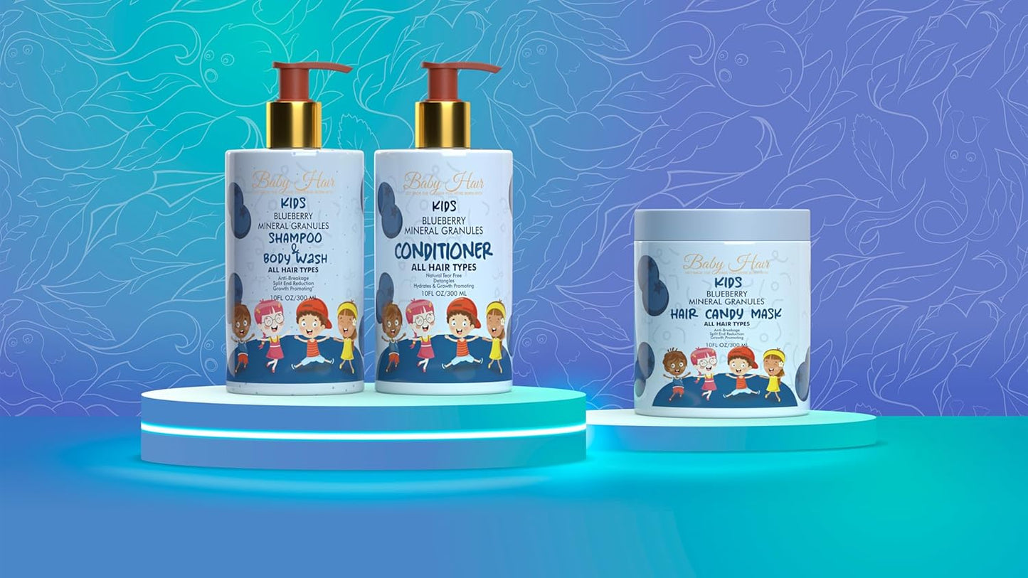 Baby Hair - Blueberry Mineral Toddler Shampoo/Body Wash, Conditioner, and Hair Mask Set, Sulfate-Free Shampoo and Conditioner with Strawberry & Blueberry Oil, Detangling Shampoo for Kids, 10 fl.oz.