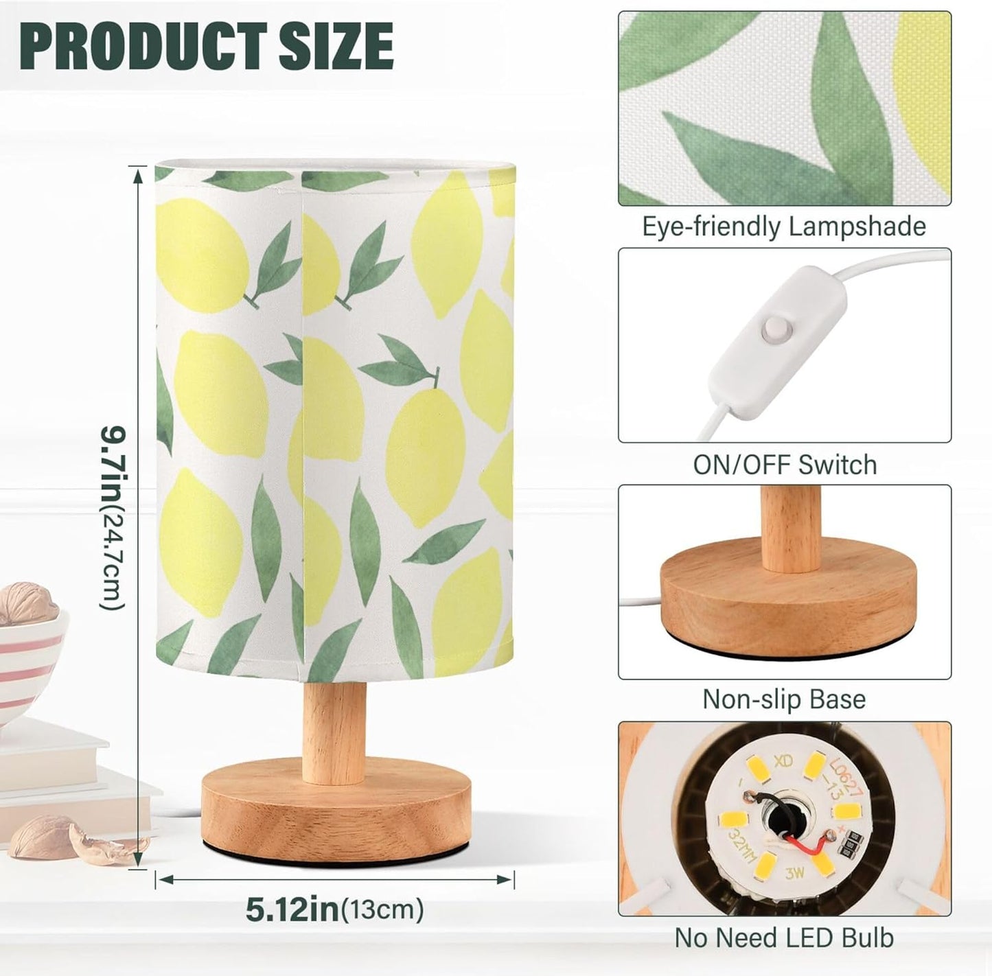 Table Lamp Watercolor Lemon and Leaf Pattern Pastel Color Fruit Print Nightstand Lamp with Wood Base Fabric Lamp Shade Bedside Desk Lamp for Living Room Bedroom Kids Room Office