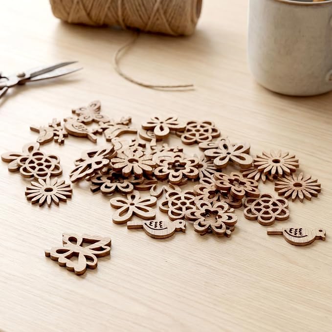 100 PCS Unfinished Wood Crafts Wood Slice Leaf Bird Flowers Butterfly Pattern