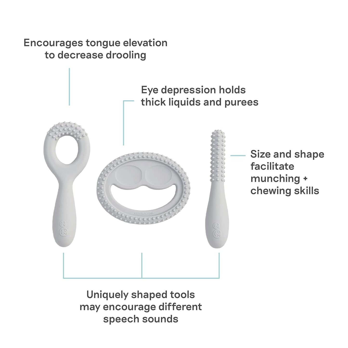 ezpz Oral Development Tools (3 Pack in Pewter) - 3 Months+ - Non-Slip Loop, Smile and Stick 100% Silicone Tools - Prepare for Chewing + Solids - Baby-Led Weaning Supplies