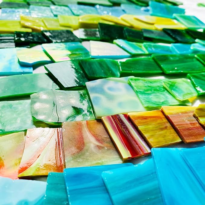 Broken Stained Glass Scraps Mixed Green Colors, Irregular Stained Glass Sheets