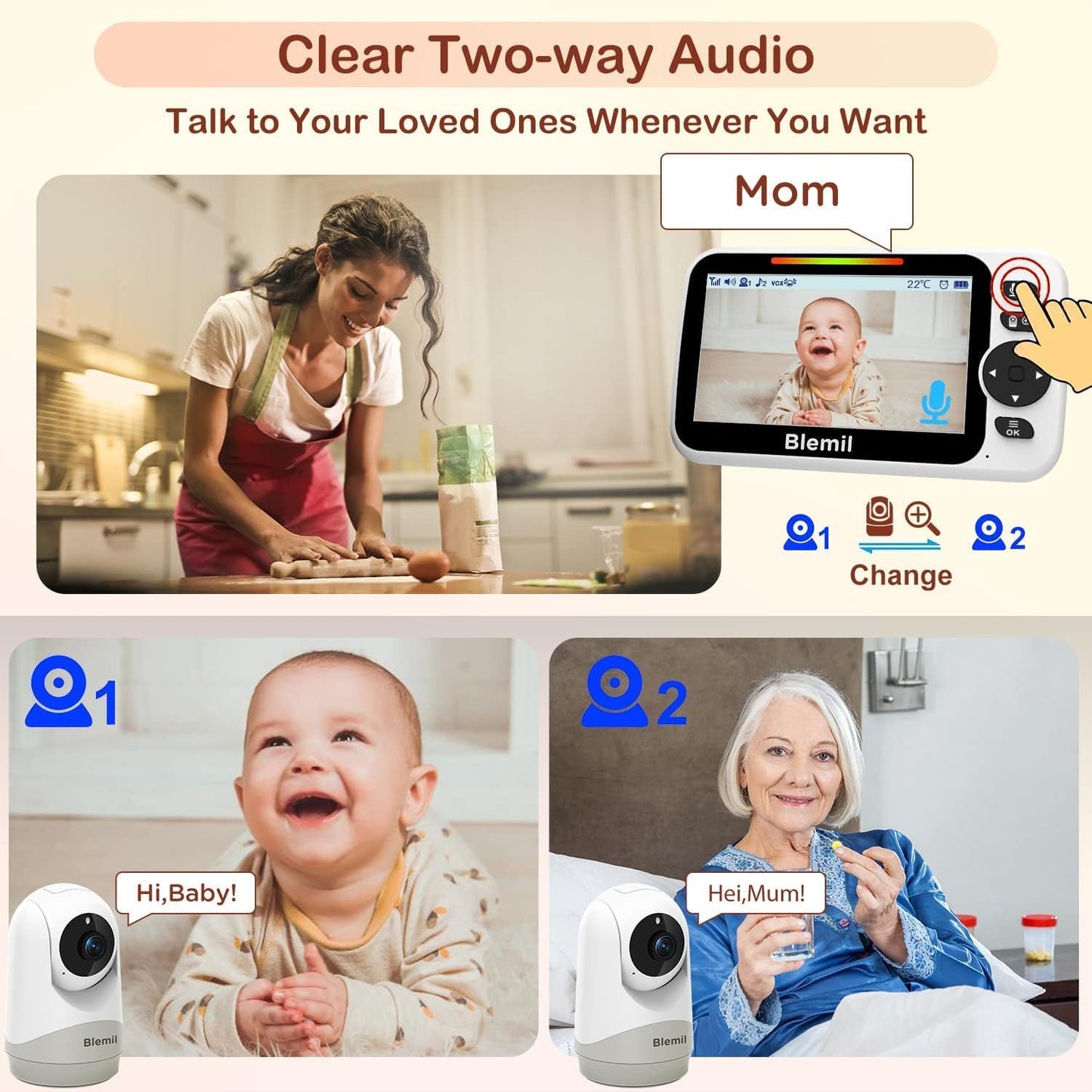 Blemil Upgrade Baby Monitor with 30-Hour Battery, 5" Large Split-Screen Video Baby Monitor with 2 Cameras and Audio, Remote Pan/Tilt/Zoom, Two-Way Talk, Room Temperature, Night Vision, 1000ft Range