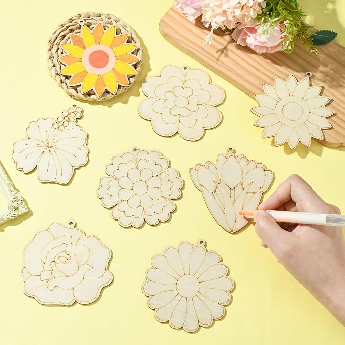 16 pcs Mixed Styles Cute Flower Theme Undyed Wood Cutout Charms Spring