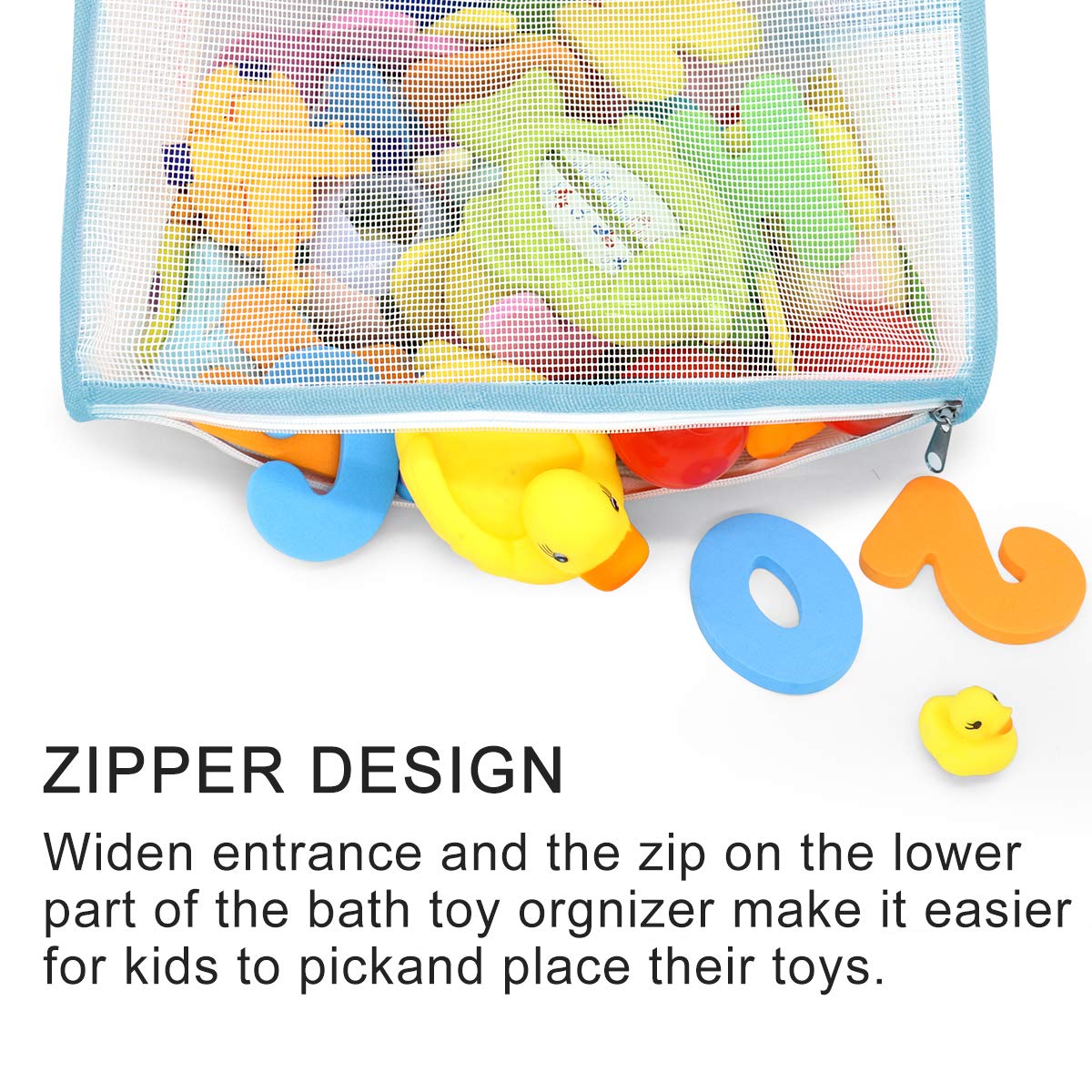 Bath Toy Organizer Multiple Ways to Hang, Extra Large Opening Bathroom Toy Holder, Bottom Zipper Bathtub Toy Storage Bag (Blue)