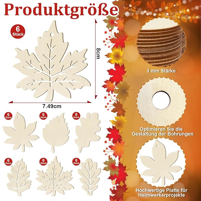 36PCS Wooden Fall Ornaments to Paint Thanksgiving Decorations, 6 Styles DIY