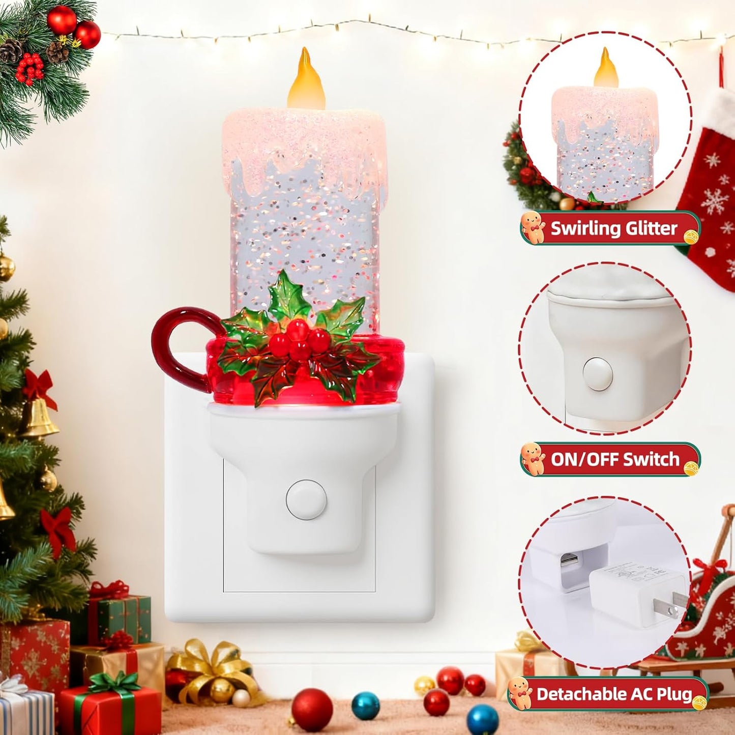 Christmas Candle Night Light Plug into Wall Swirling Glitter USB Portable Christmas Decorative Night Light Decoration for Kids Adults Bedroom Kitchen Living Room Holiday Decor (Candle)