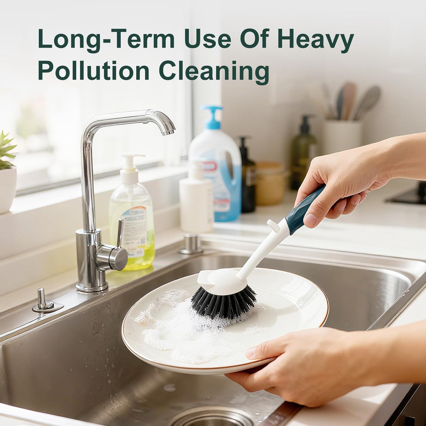 Dish Brush, 2 Pack with Comfortable Handle, with Built-in Scraper, Scrub Brush with Stiff Bristles for Cleaning Dishes, Sink, Pots(Green)