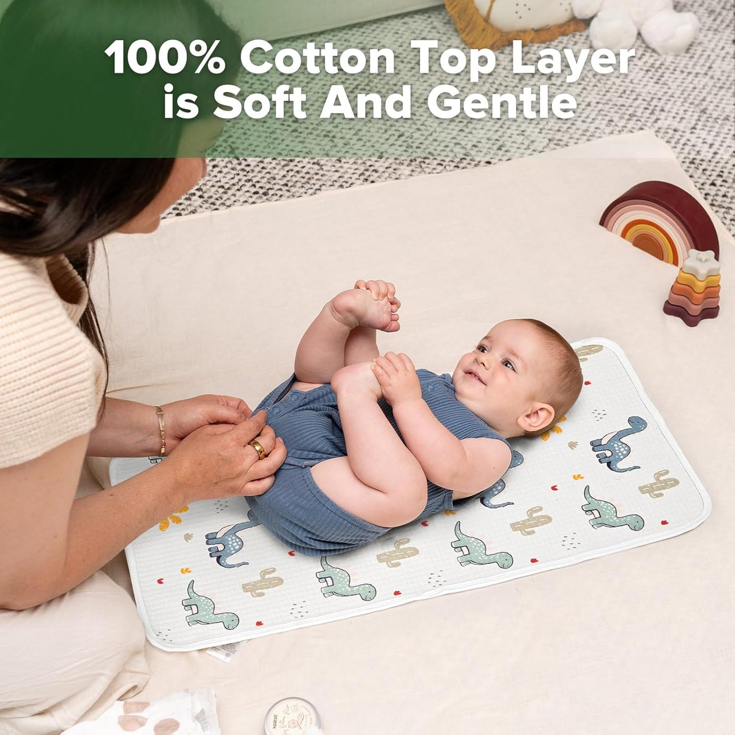 haakaa Waterproof Changing Pad Liners, 100% Cotton, Soft & Breathable (2pcs, 13" x 27.5" Dino Land+Checkered Days)