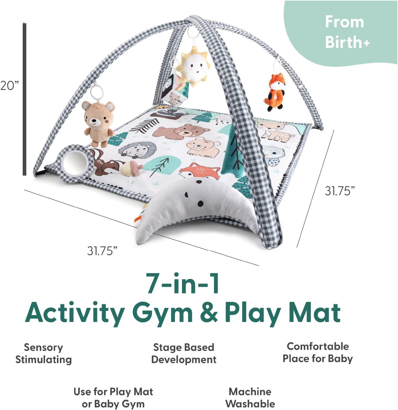 The Peanutshell Unisex Baby Play Gym & 7-in-1 Play Mat - Playmat Baby Toys 0-6, 6-12 Months Tummy Time Mat with Hanging Toys, Soft Padded for Newborns, Infants - Woodland