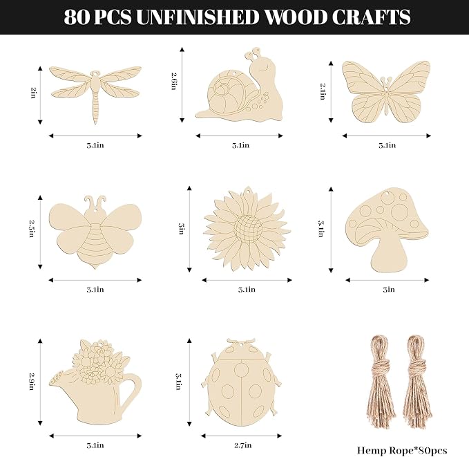 Subacy 80 PCS Unfinished Wood Cutouts 8 Styles DIY Wooden Spring Ornaments