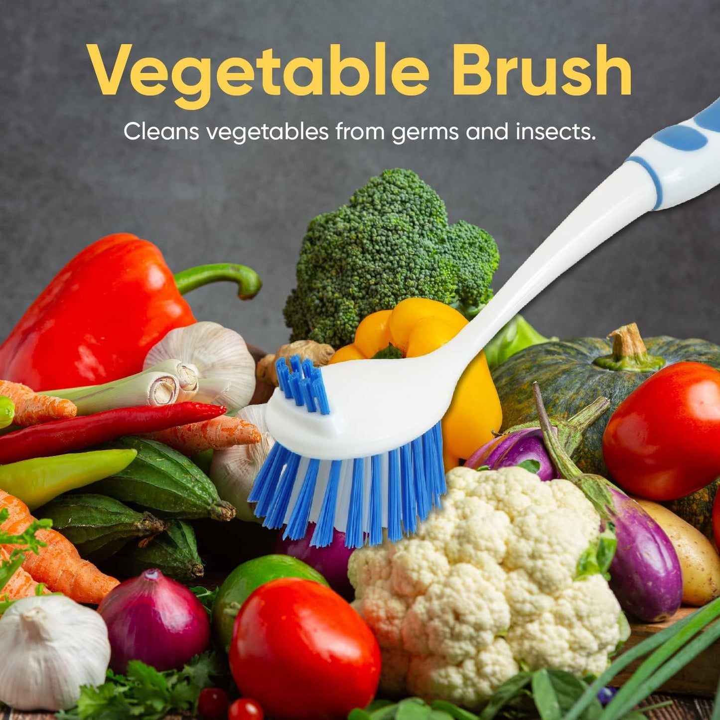Dish Washing Vegetable Brush Scrubber with Stainless Steel Grill Brush, Scourer Sponge Brush Set with Long Handle and Rubber Grip, Non-Scratch, Kitchen Cleaning Set (2 Pack, Blue)