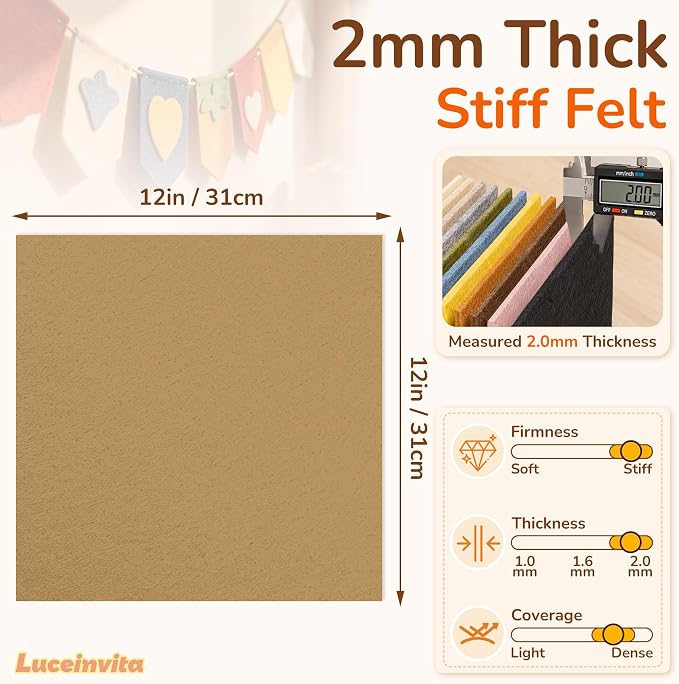 2mm Stiff Felt Sheets 12" X 12" | Thick Polyester Felt Material, DIY Craft