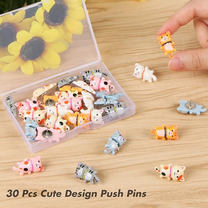 30 Pcs Cute Cat Push Pins, Resin Cat Push Pins Decorative Animal Thumb Tacks