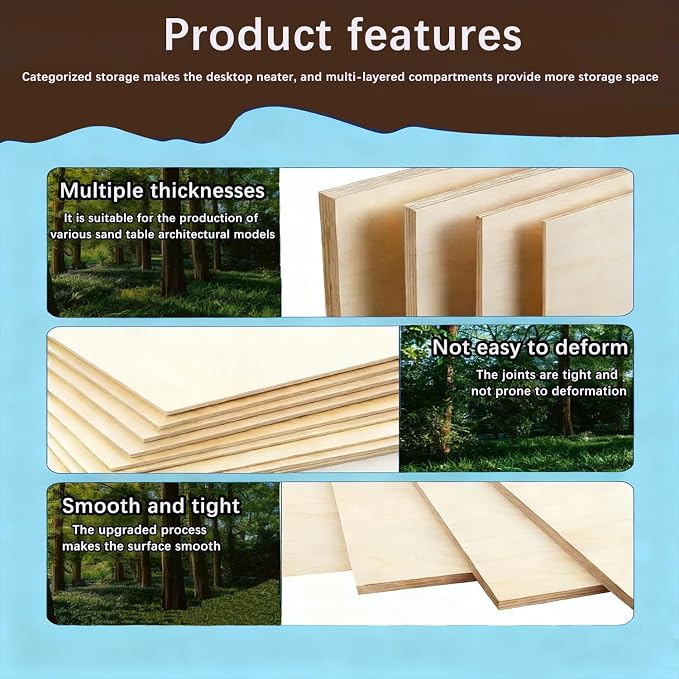 Basswood Plywood Sheets, 12 x 12 in, 3 mm, 6 Pack | Smooth unfinished wood